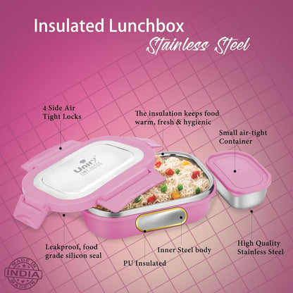 Stainless Steel Insulated Airtight Lunch Box with Unbreakable Lid, Leak-Proof Tiffin for Kids & Office (800 ml, Pink)