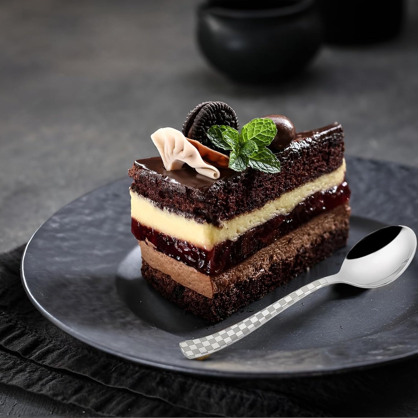 6 Pieces Stainless Steel Premium Tea Spoon Set, 14 cm, Silver, Checks Design