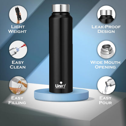 Stainless Steel Water Bottle 1 Litre | Leak-Proof Fridge Bottle for Home, Gym & Travel | 1000 ml, Black