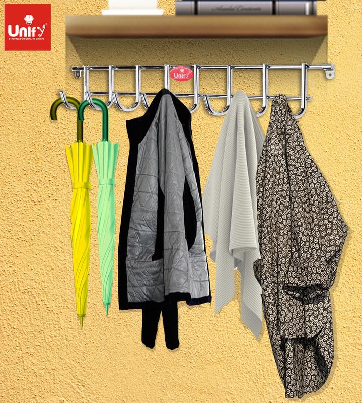 2 Pieces Stainless Steel Wall Cloth Hanger with 8 Hooks, Door Mounted Hook Rail for Bathroom & Kitchen, Silver (Pack of 2)