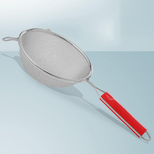 Stainless Steel Soup & Juice Strainer – Large Kitchen Liquid Filter with Red Handle