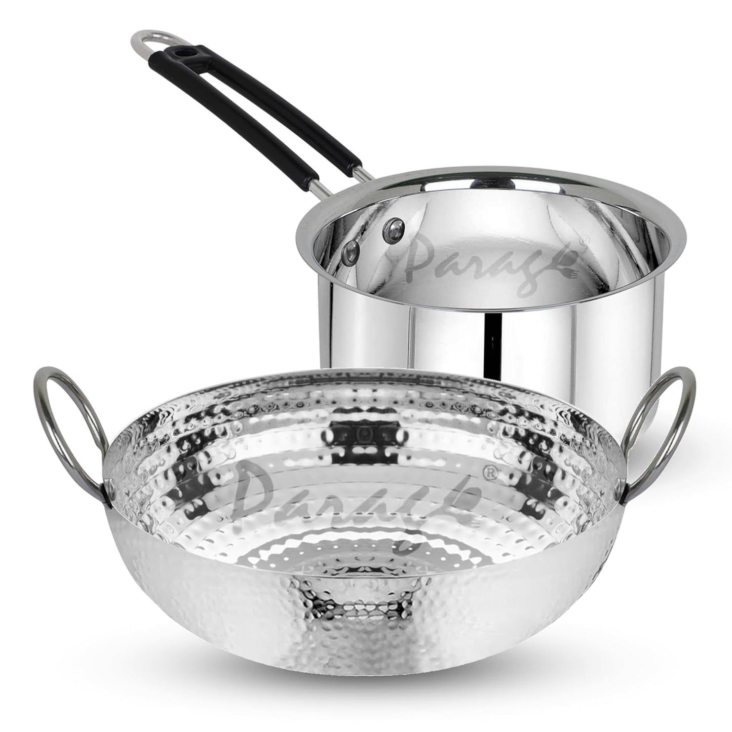 2 Pcs Stainless Steel Hammered Kadhai & Saucepan Set – Heavy Bottom for Cooking & Deep Frying, Gas Stove Friendly, Capacities 2 L & 1.75 L, Silver