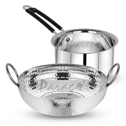 2 Pcs Stainless Steel Hammered Kadhai & Saucepan Set – Heavy Bottom for Cooking & Deep Frying, Gas Stove Friendly, Capacities 2 L & 1.75 L, Silver