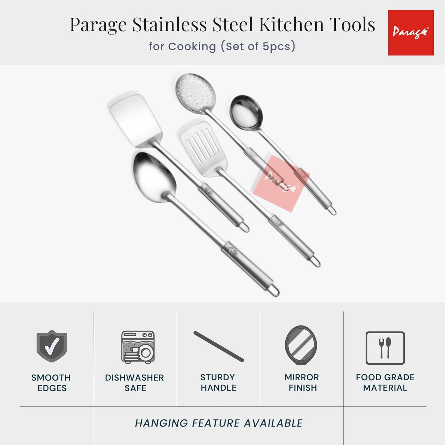 5-Piece Stainless Steel Kitchen Tool Set with Pipe Handle | Cooking Utensils, 35 cm, Silver