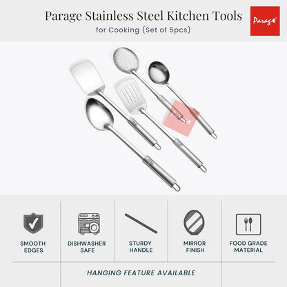 5-Piece Stainless Steel Kitchen Tool Set with Pipe Handle | Cooking Utensils, 35 cm, Silver