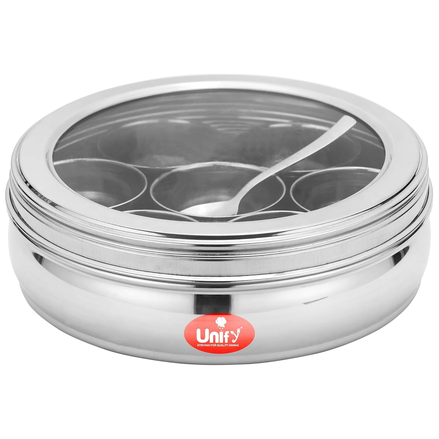 12 Inch Stainless Steel Masala Dabba | 1500ml Airtight Spice Box with 7 Containers & Lid, Silver