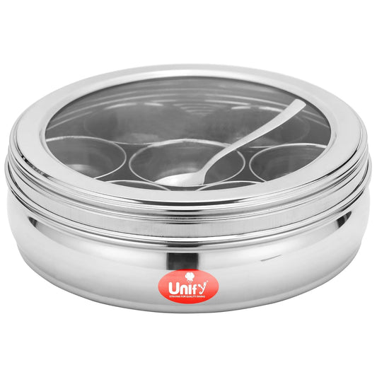 12 Inch Stainless Steel Masala Dabba | 1500ml Airtight Spice Box with 7 Containers & Lid, Silver