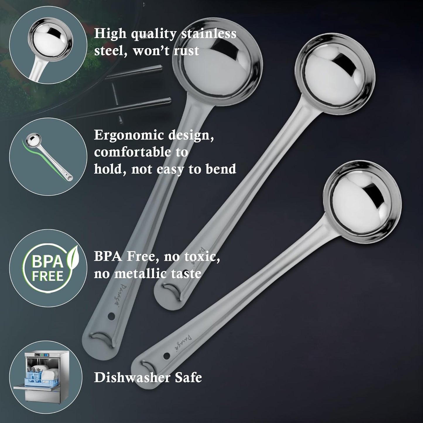 3 Pcs Stainless Steel Ladle Set for Kitchen Cooking & Serving – Karchi/Soup Ladle/Kalchun, Silver, Sizes 12.5” x1 & 11” x2