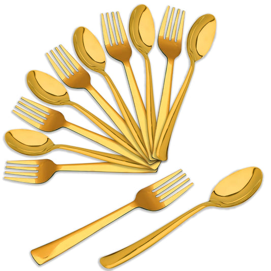 12pc Stainless Steel Golden Cutlery | 19cm Spoons & Forks | Dining