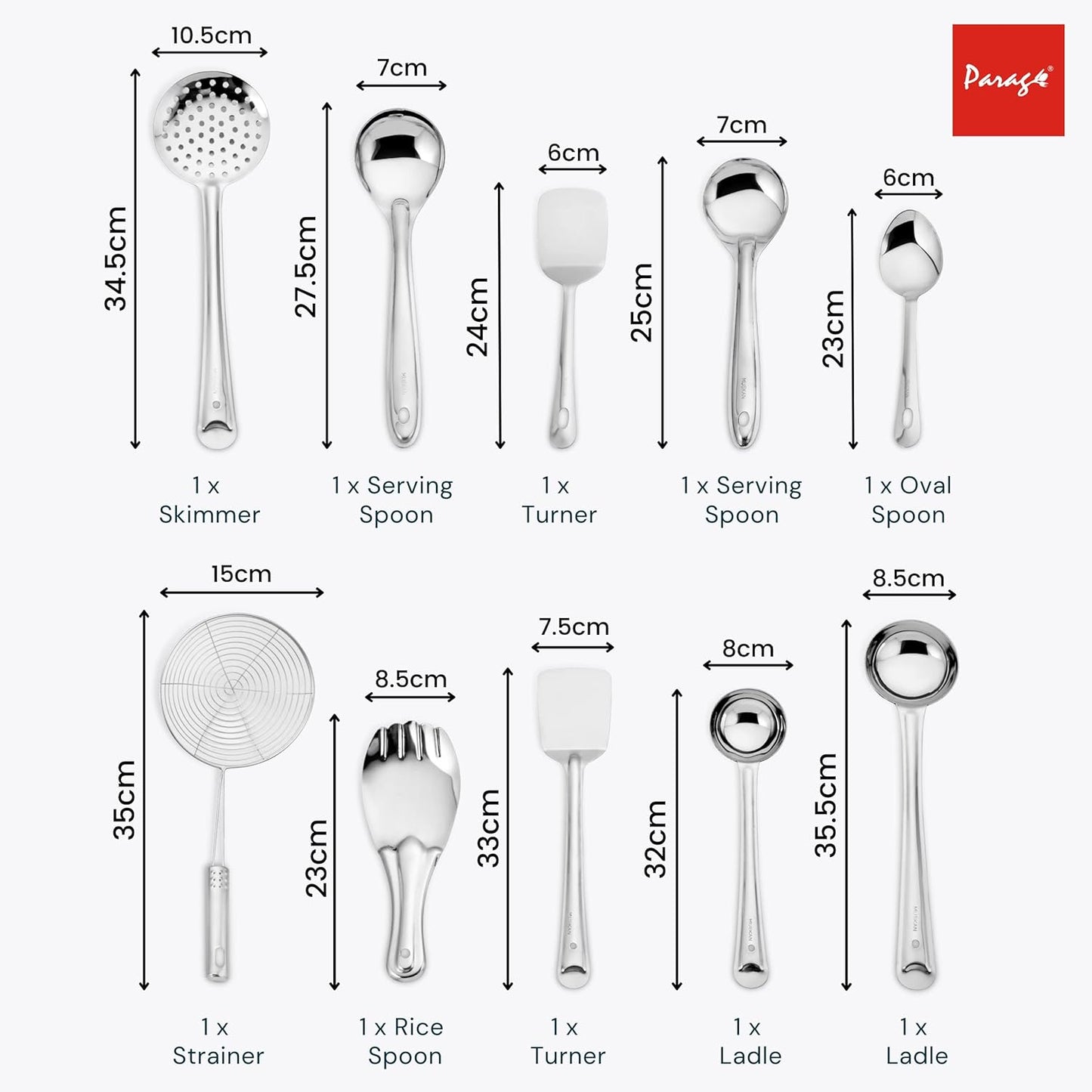 10 Pcs Stainless Steel Cooking Spoons Set for Kitchen – Ladle, Turner, Strainer, Rice Spoon, Oval & Serving Spoons, Essential Home Set