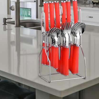 25 Pcs Stainless Steel Cutlery Set with Stand for Kitchen & Dining | Red