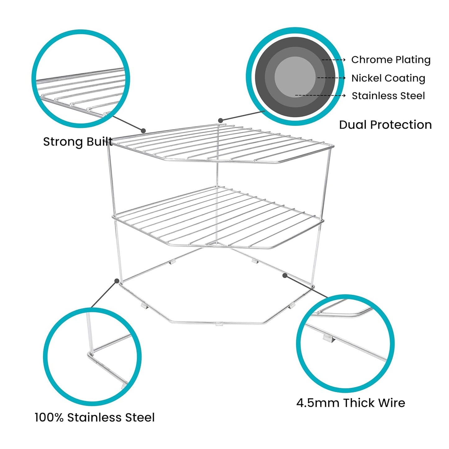 Multipurpose Stainless Steel Corner Shelf Rack – 25×25×30 cm, Chrome Finish