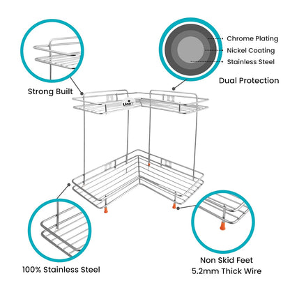 2-Tier Stainless Steel L-Corner Shelf Rack – 31×31×33 cm, Chrome Finish