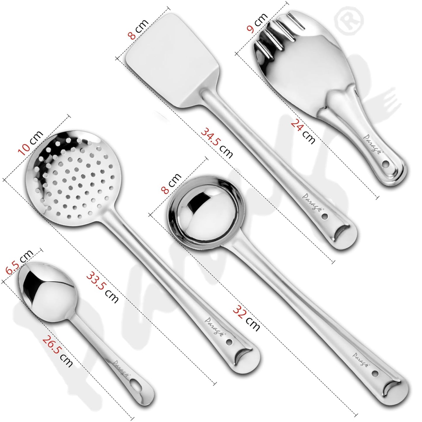 5 Pieces Stainless Steel Kitchen Tools Set for Cooking & Serving – Includes Ladle, Skimmer, Turner, Basting Spoon, Rice Spoon, Silver Finish