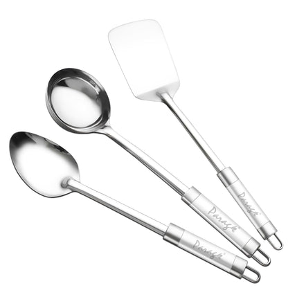 3 Pieces Stainless Steel Kitchen Tools for Cooking & Serving – Basting Spoon, Ladle, Turner with Dual Tone Handles, Silver Finish