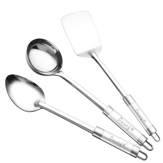 3 Pieces Stainless Steel Kitchen Tools for Cooking & Serving – Basting Spoon, Ladle, Turner with Dual Tone Handles, Silver Finish