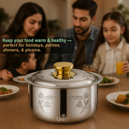 Stelo Stainless Steel Insulated Casserole 2200ml | Floral Design Hot Pot | PVD Gold Handle, Silver