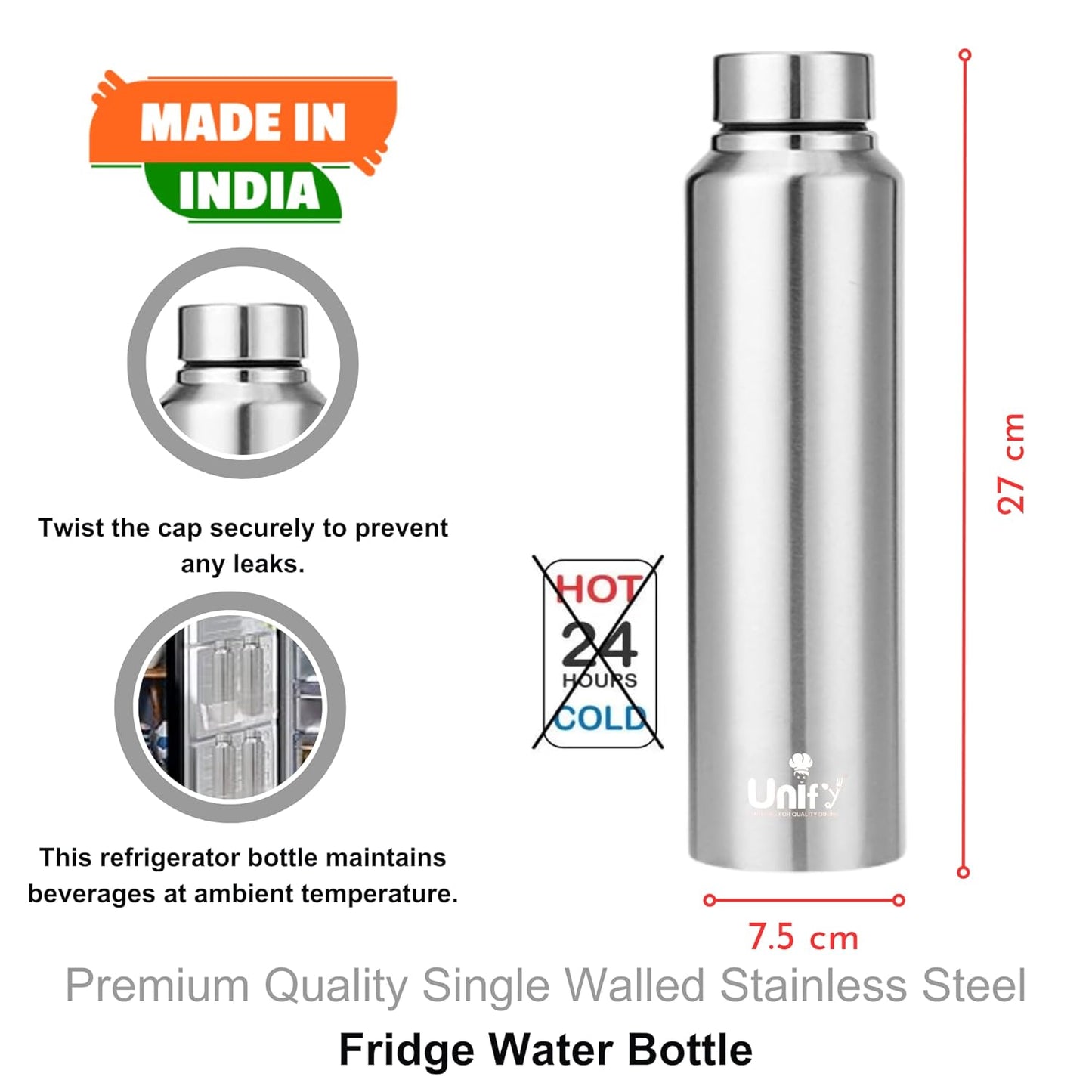 Stainless Steel Water Bottle 1 Litre | Leak-Proof Fridge Bottle for Home, Gym & Travel | Set of 3, 1000 ml, Silver