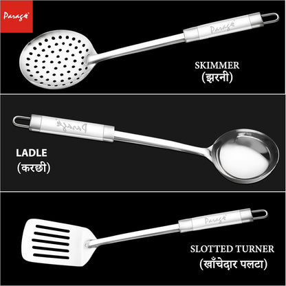 3 Pieces Stainless Steel Kitchen Tool Set for Cooking & Serving – Turner, Skimmer & Ladle with Dual Tone Handle (Silver)