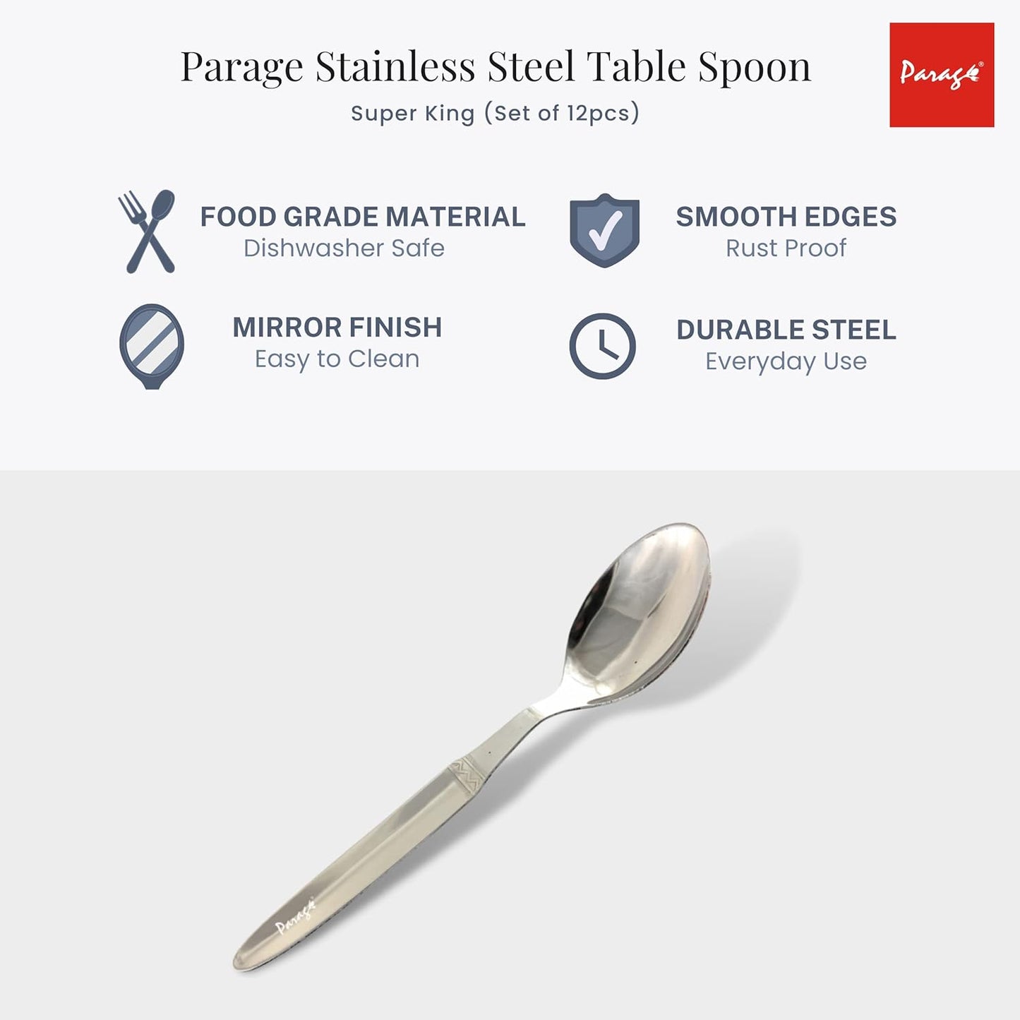 12 Pcs Stainless Steel Dinner Spoon Set | 15.5 cm Super King Table Spoons Silver