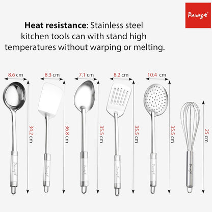 6 Pcs Stainless Steel Kitchen Tools Set for Cooking & Serving – Basting Spoon, Ladle, Slotted Turner, Skimmer, Spatula & Egg Whisk, Silver