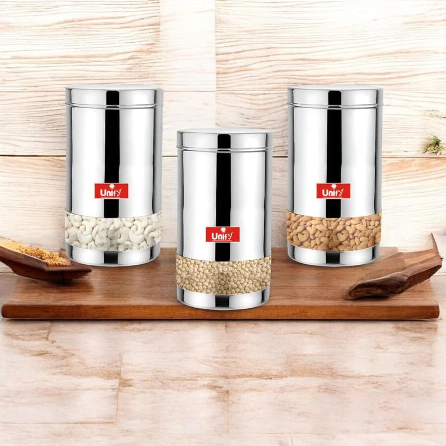 3 Pieces Stainless Steel Container Set, 900ML Airtight Jars for Home & Kitchen – Ideal for Spices, Food Grains, Nuts, Glossy Finish