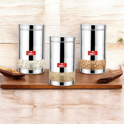 3 Pieces Stainless Steel Container Set, 900ML Airtight Jars for Home & Kitchen – Ideal for Spices, Food Grains, Nuts, Glossy Finish