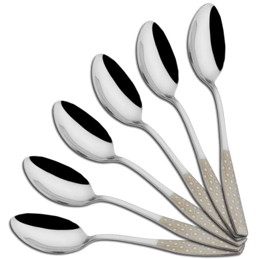 6 Pieces Stainless Steel Premium Dinner Spoon Set for Home & Kitchen – 16 cm Luxury Dining Tableware, Laser Chammach Set Gift, Silver with Dazzle Design