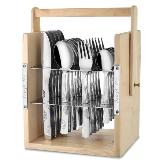 25 Pieces Stainless Steel Moonpress Cutlery Set with Wooden Hanging Stand – Includes 6 Tea Spoons, 6 Table Spoons, 6 Table Forks, 6 Knives, Stylish Dining Set