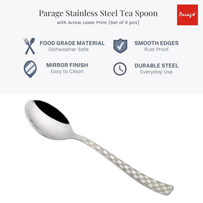 6 Pieces Stainless Steel Premium Tea Spoon Set, 14 cm, Silver, Checks Design