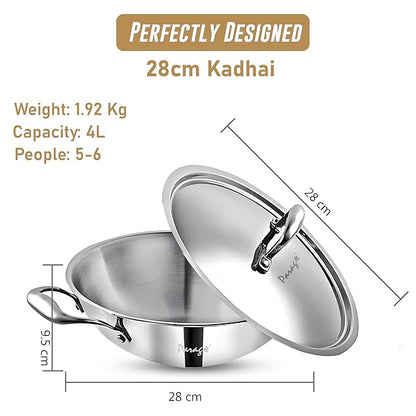 Tripure Triply Stainless Steel Kadai with Lid 28 cm, 4 Litre | Heavy Bottom Kadhai for Deep Frying & Cooking | Induction & Gas Stove Compatible (5 Years Warranty)