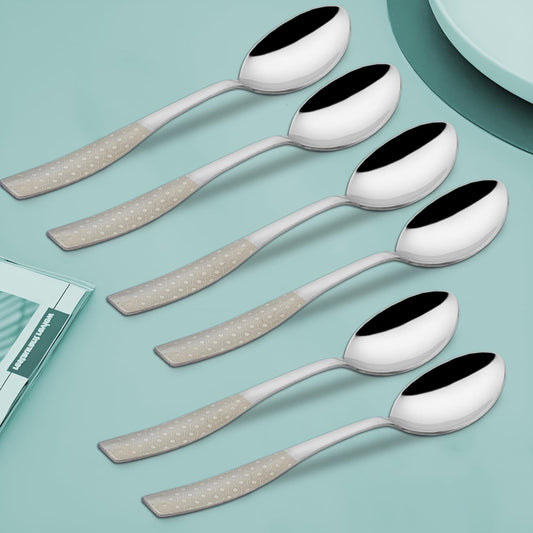 6 Pieces Stainless Steel Premium Table Spoon Set for Home & Kitchen – 18.5 cm Luxury Dining Tableware, Laser Chammach Set Gift, Silver with Dazzle Design