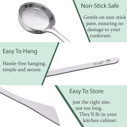 2 Pieces Stainless Steel Dosa Ladle & Turner, 20.5 cm & 31.5 cm – Heavy Gauge Kitchen Tools with Flat Base Spatula for Cooking, Silver Finish