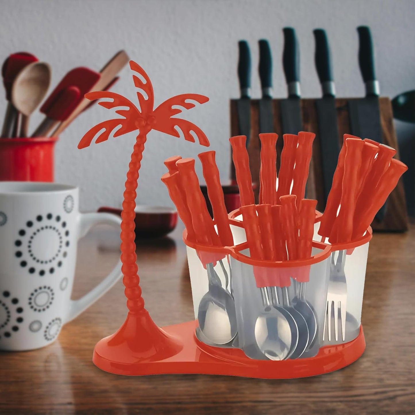 25 Pieces Stainless Steel Cutlery Set with Red Storage Box & Spoon Stand – Includes 6 Table Spoons, 6 Forks, 6 Soup Spoons, 6 Tea Spoons, 1 Stand for Kitchen & Dining
