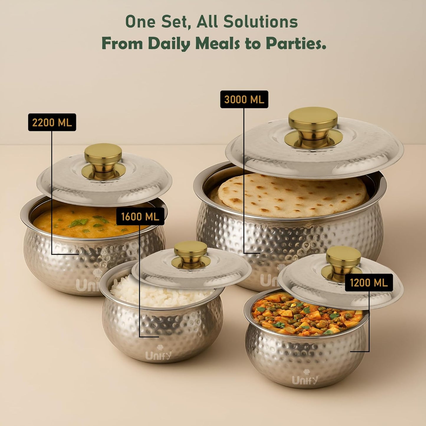 Inox Stainless Steel Insulated Casserole 3000ml | PVD Gold Handle Hot Pot | Hammered Finish, Silver