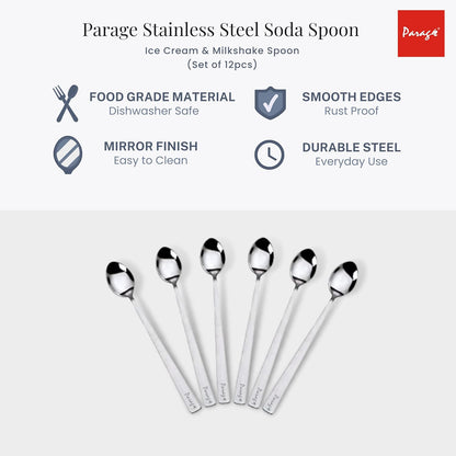 12 Pieces Stainless Steel Soda Spoons | Long Handle Ice Cream & Milkshake Spoon | 20.5 cm, Silver
