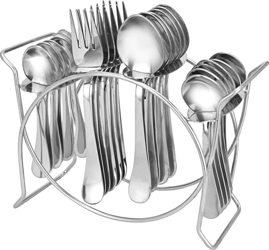 25pc Stainless Steel Aura Cutlery | Spoons Forks Stand | Silver