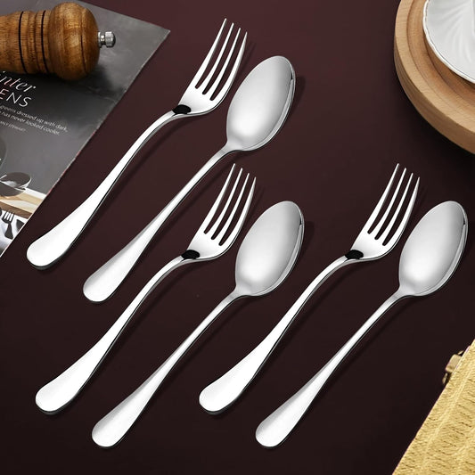 6-Piece Stainless Steel Spoon & Fork Set | Round Edge Tableware, Silver