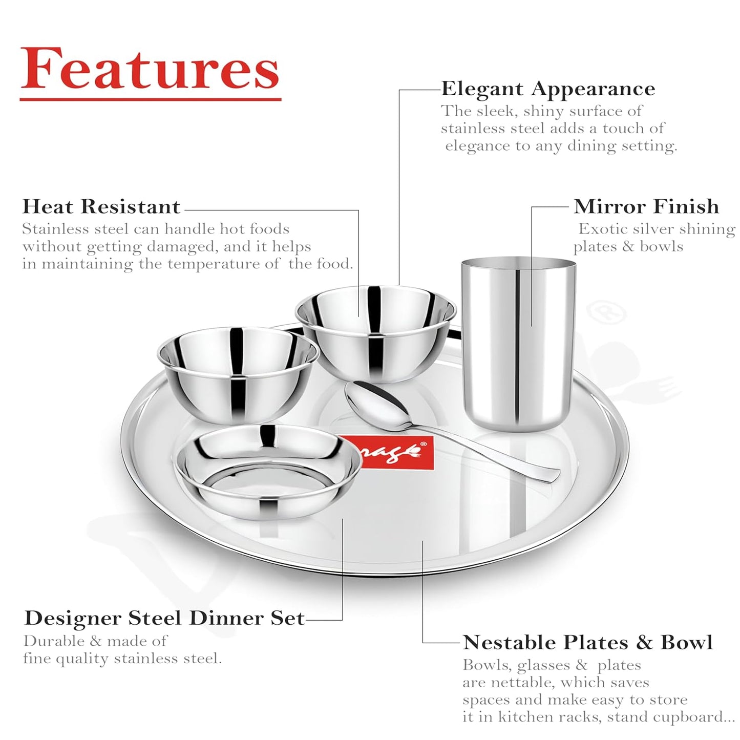 36pc Stainless Steel Dinner Set | Plates Bowls Glasses | Silver