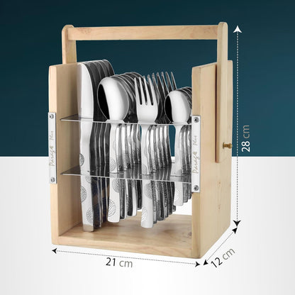 25 Pieces Stainless Steel Moonpress Cutlery Set with Wooden Hanging Stand – Includes 6 Tea Spoons, 6 Table Spoons, 6 Table Forks, 6 Knives, Stylish Dining Set