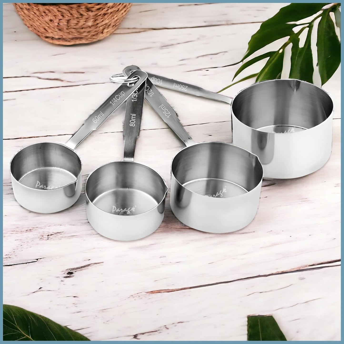 4 Pcs Stainless Steel Measuring Cups – Stackable, Wire Handles, Professional Set