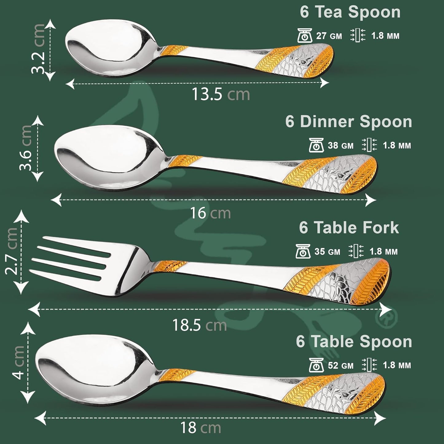 25 Pieces Luxury Stainless Steel Golden Cutlery Set with 24K Gold Plated Handles – Includes 6 Tea Spoons, 6 Dinner Spoons, 6 Table Forks, 6 Table Spoons, 1 Stand for Home & Kitchen Dining Table