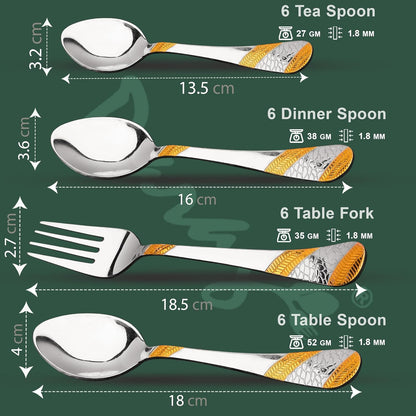 25 Pieces Luxury Stainless Steel Golden Cutlery Set with 24K Gold Plated Handles – Includes 6 Tea Spoons, 6 Dinner Spoons, 6 Table Forks, 6 Table Spoons, 1 Stand for Home & Kitchen Dining Table
