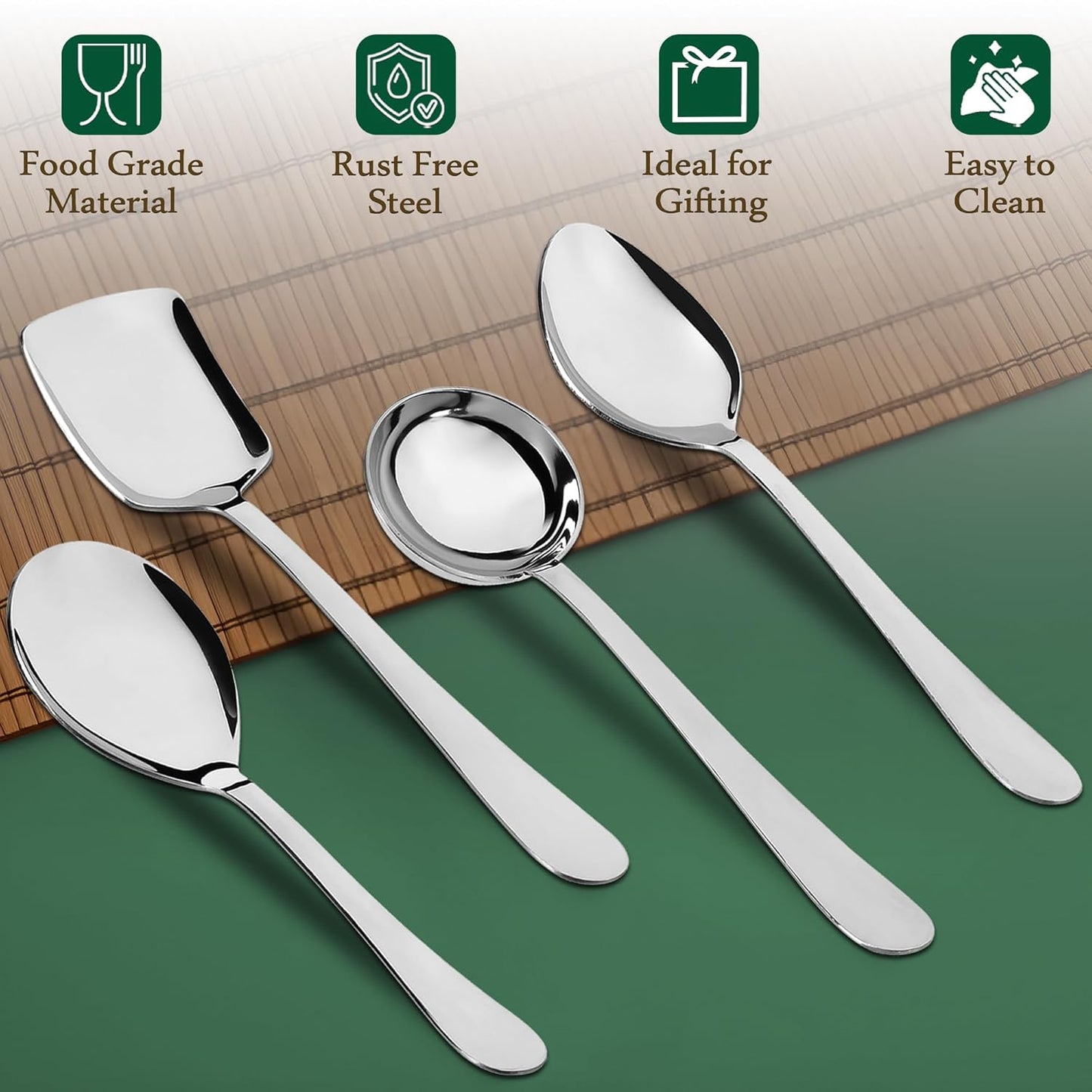 4-Piece Stainless Steel Serving Spoon Set | Heavy Gauge 1.8mm | Kitchen & Dining Use