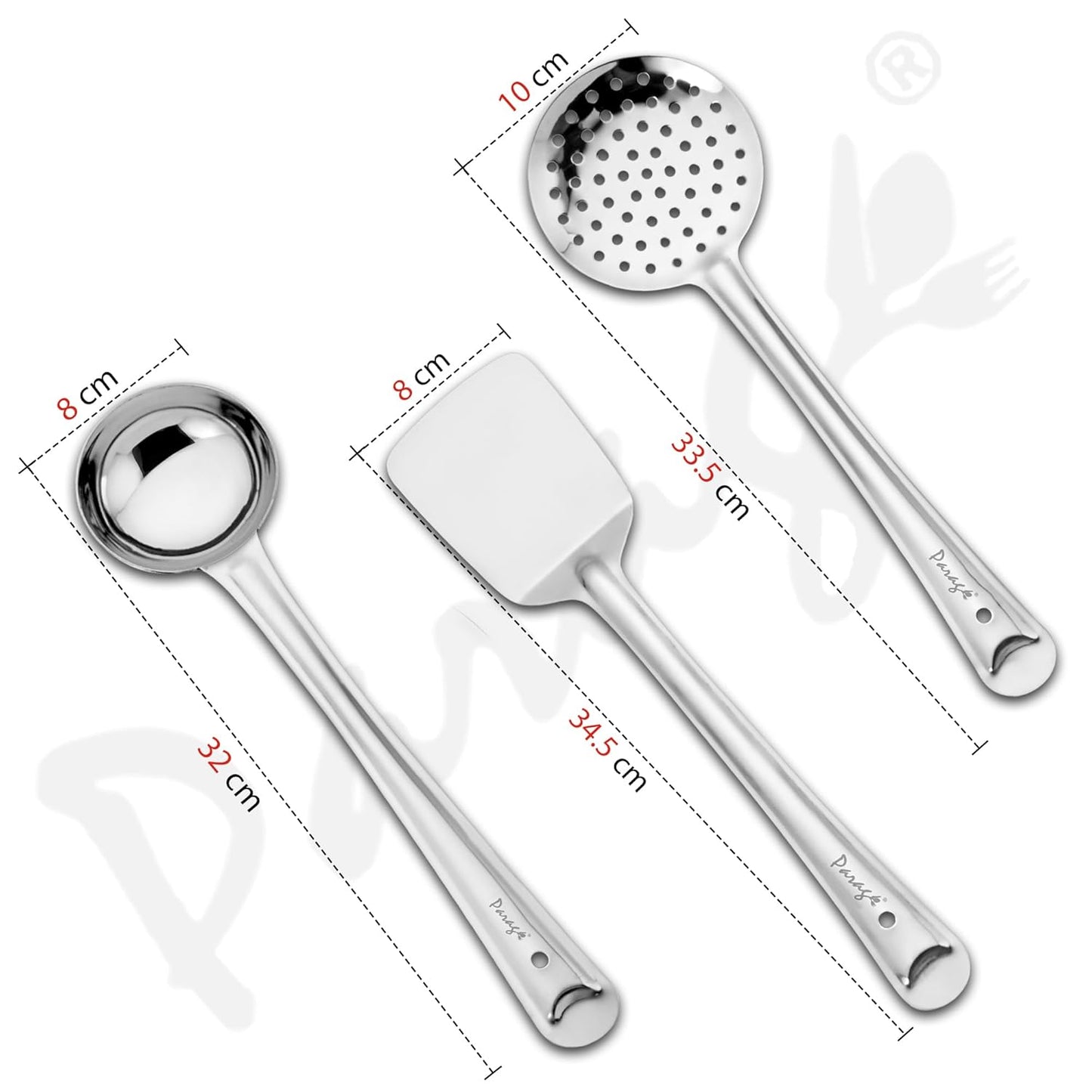 3 Pcs Stainless Steel Kitchen Tools Set for Cooking & Serving – Ladle, Skimmer & Turner, Silver, Sizes 32cm, 33.5cm & 34.5cm