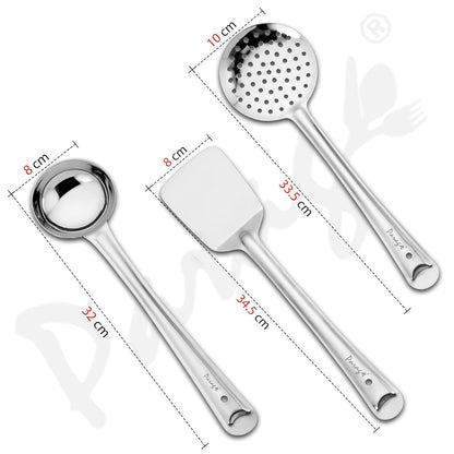 3 Pcs Stainless Steel Kitchen Tools Set for Cooking & Serving – Ladle, Skimmer & Turner, Silver, Sizes 32cm, 33.5cm & 34.5cm
