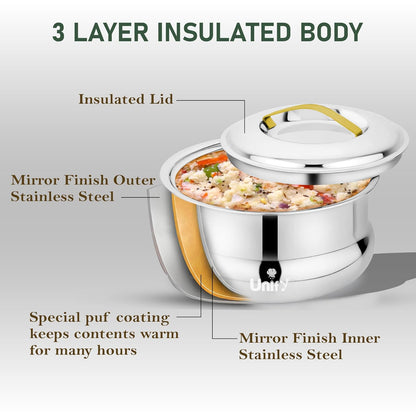 Lumia Stainless Steel Insulated Casserole 1600ml | 3-Layer Thermal Hot Pot | Mirror Finish, Premium Serveware