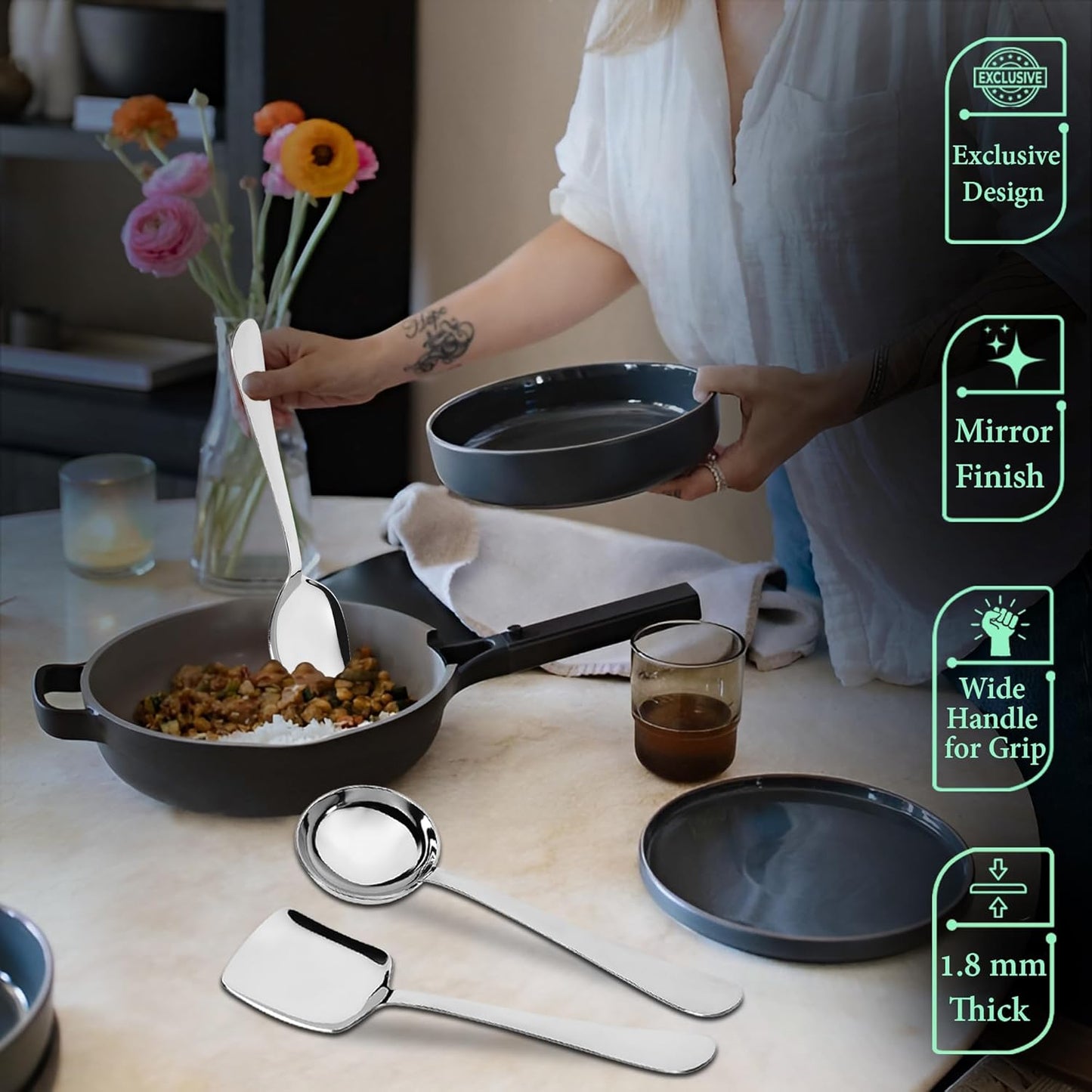 3 Pcs Stainless Steel Serving Spoon Set for Kitchen & Dining – 1.8mm Heavy Gauge, Soup Ladle, Solid & Rice Spoons, Silver (Pack of 3)