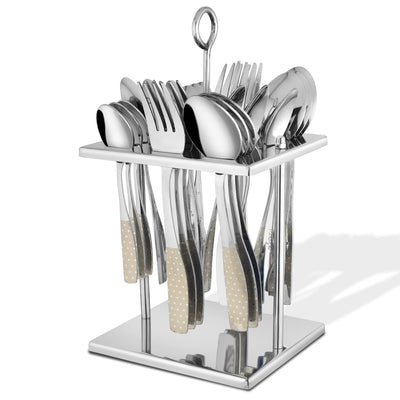 25 Pieces Stainless Steel Cutlery Set with Premium Laser Printed Handles – Includes 6 Tea Spoons, 6 Dinner Spoons, 6 Table Forks, 6 Table Spoons, 1 Stand for Home & Kitchen (Sapphire Dazzle)