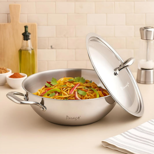26 cm Stainless Steel Kadhai with Lid – 3.2 L Heavy Bottom Triply Steel Kadhai for Deep Frying & Cooking, Induction & Gas Compatible, 5-Year Warranty